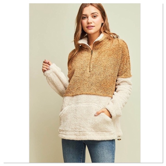 LAST ONE Camel & Ivory Faux Sherpa Fleece Pullover - Picture 2 of 8